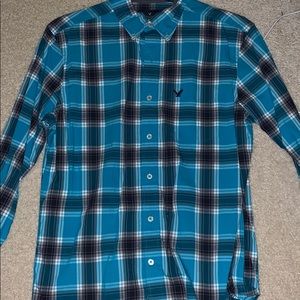 AE Plaid blue, white & black dress shirt